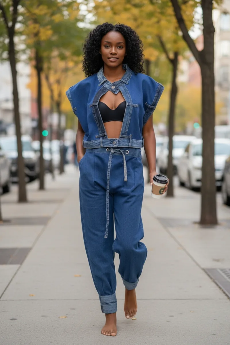 Denim Study No. 01, a one-of-one piece from the Denim collection, photographed on the model.