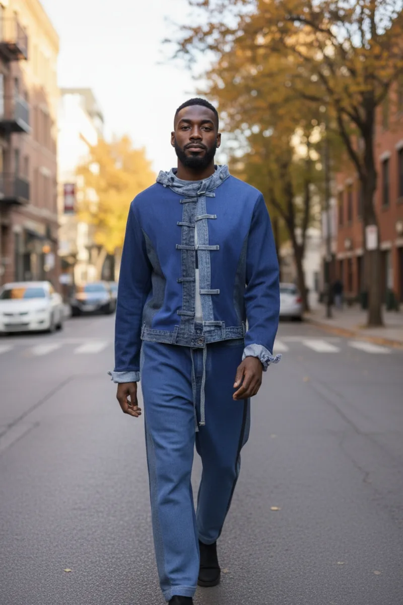 Denim Study No. 02, a one-of-one piece from the Denim collection, photographed on the model.