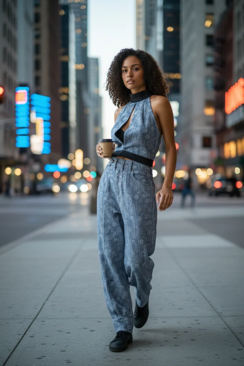 Denim Study No. 03, a one-of-one piece from the Denim collection, photographed on the model.