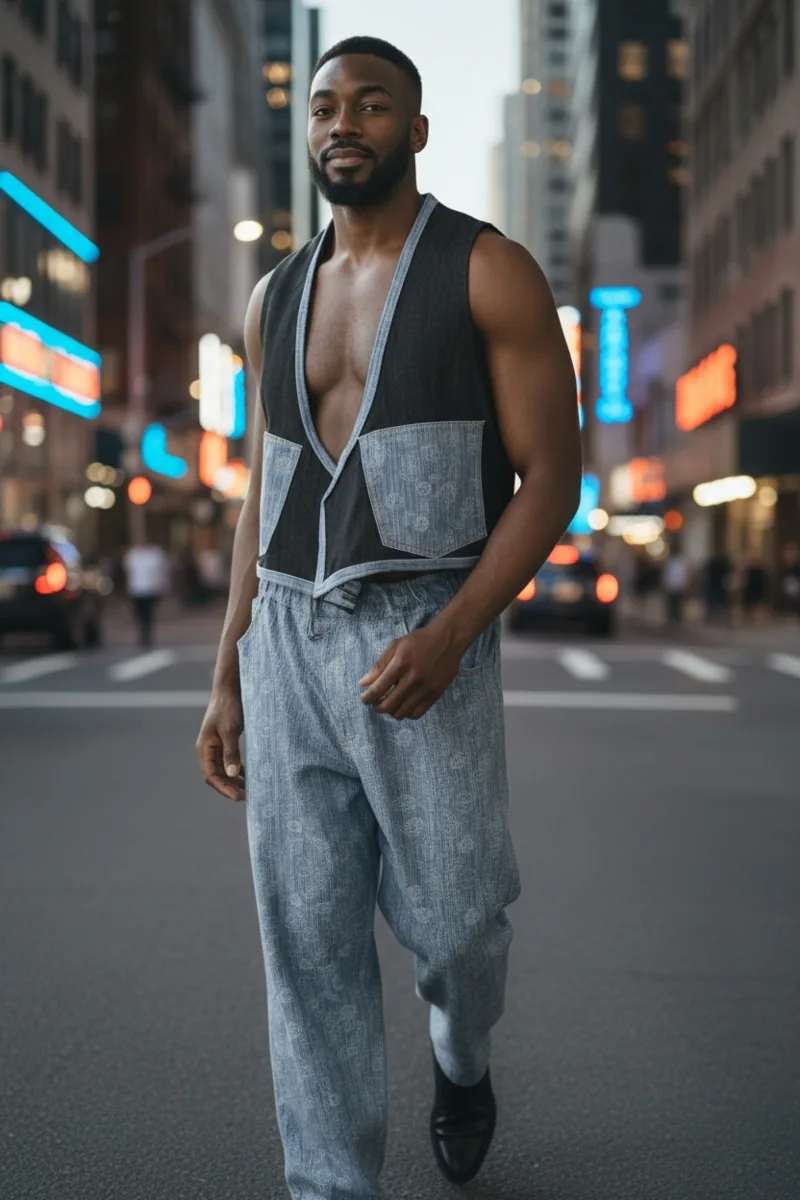 Denim Study No. 04, a one-of-one piece from the Denim collection, photographed on the model.
