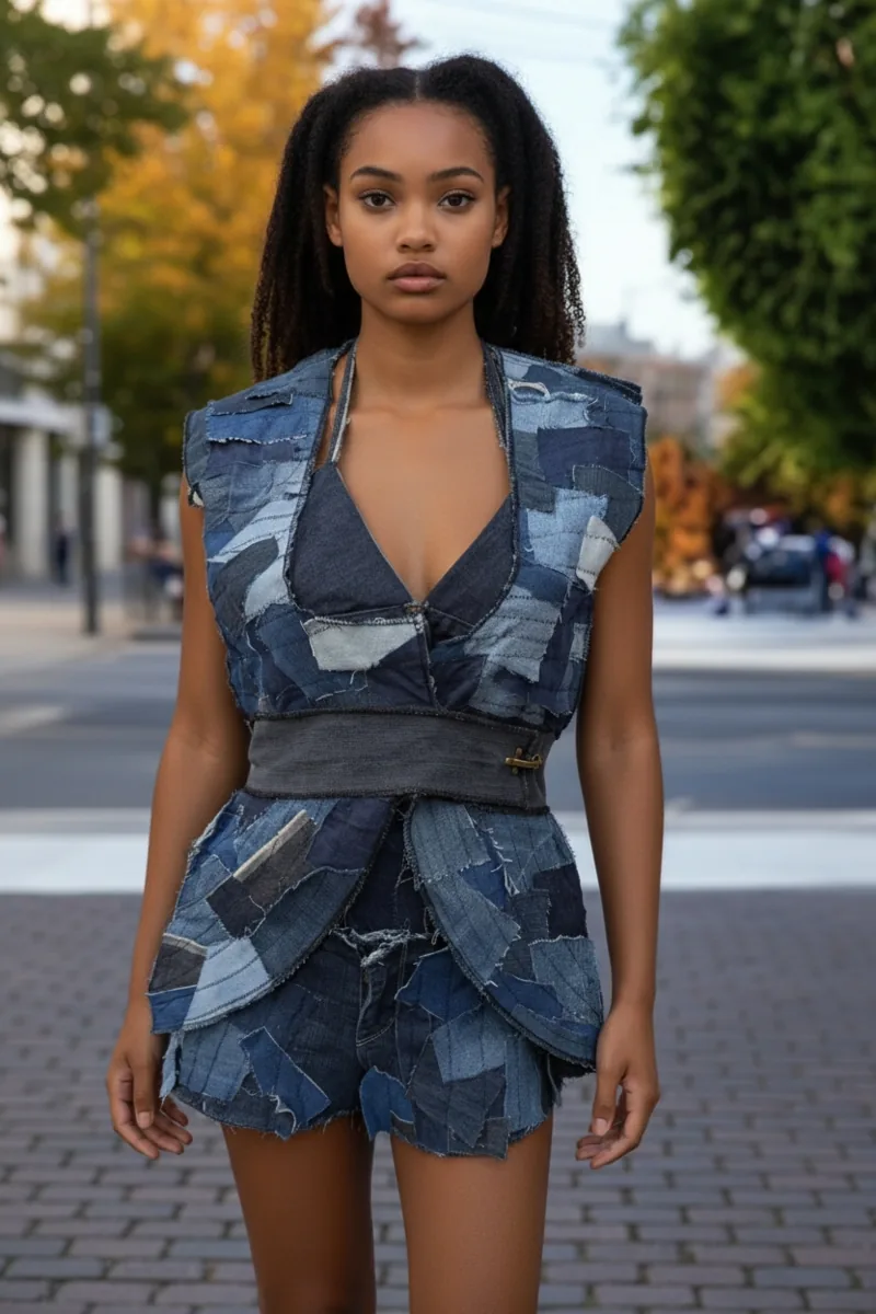 Denim Study No. 05, a one-of-one piece from the Denim collection, photographed on the model.