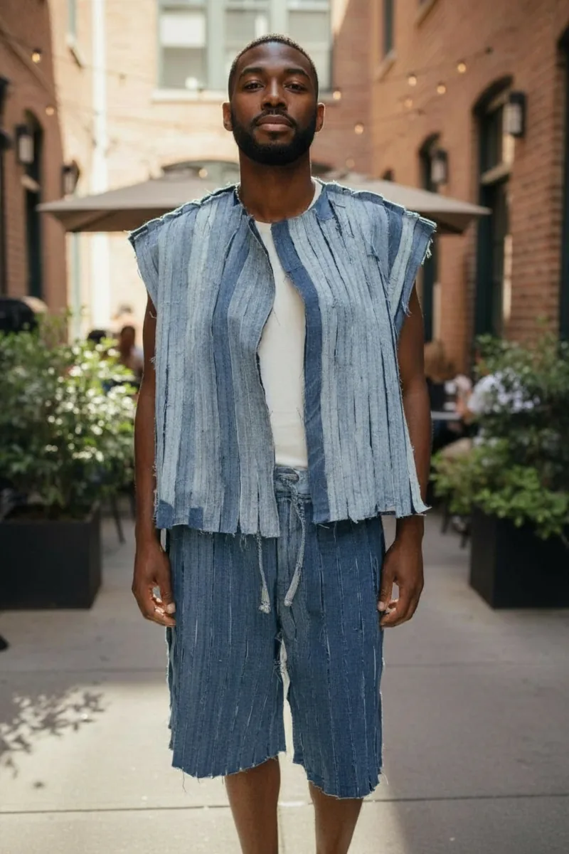 Denim Study No. 06, a one-of-one piece from the Denim collection, photographed on the model.