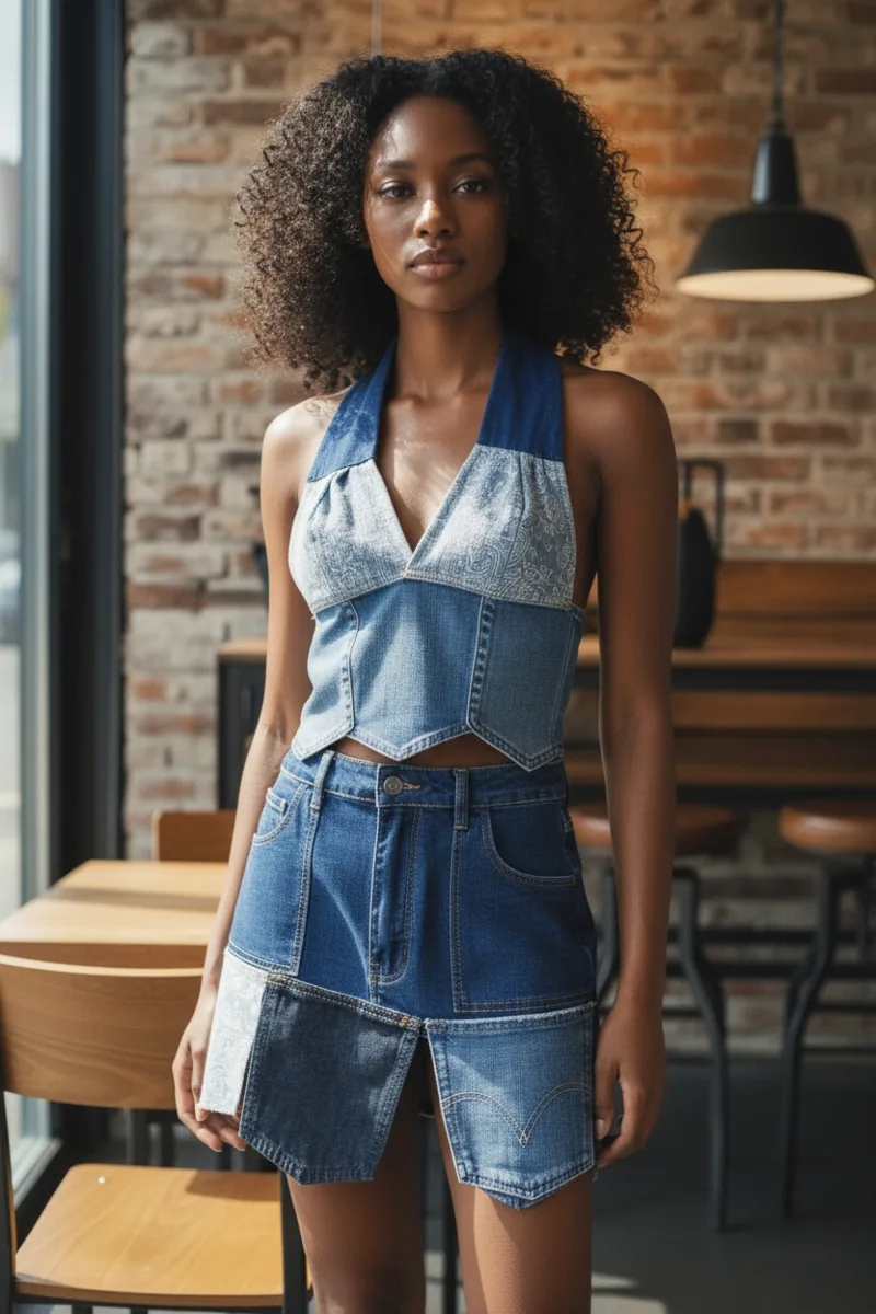 Denim Study No. 11, a one-of-one piece from the Denim collection, photographed on the model.