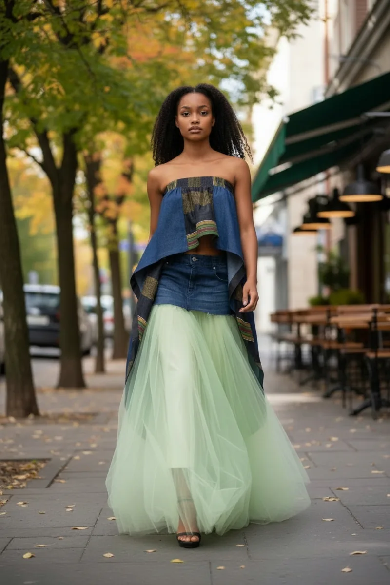 Denim Study No. 14, a one-of-one piece from the Denim collection, photographed on the model.