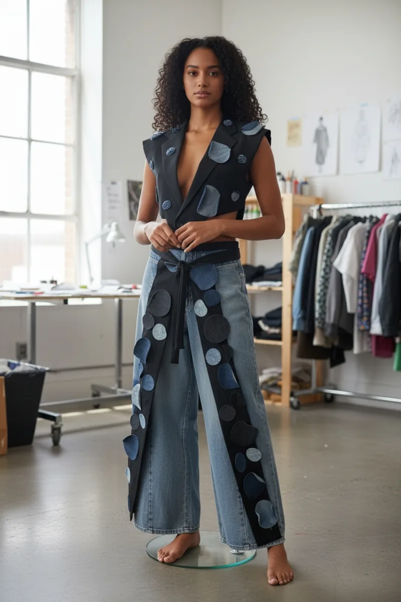Denim Study No. 15, a one-of-one piece from the Denim collection, photographed on the model.