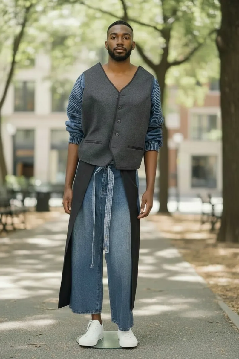 Denim Study No. 17, a one-of-one piece from the Denim collection, photographed on the model.