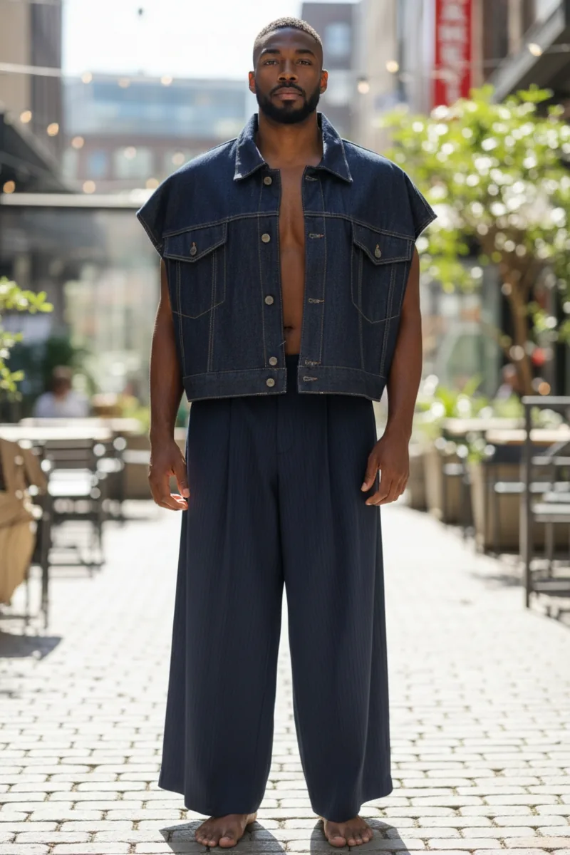 Denim Study No. 18, a one-of-one piece from the Denim collection, photographed on the model.