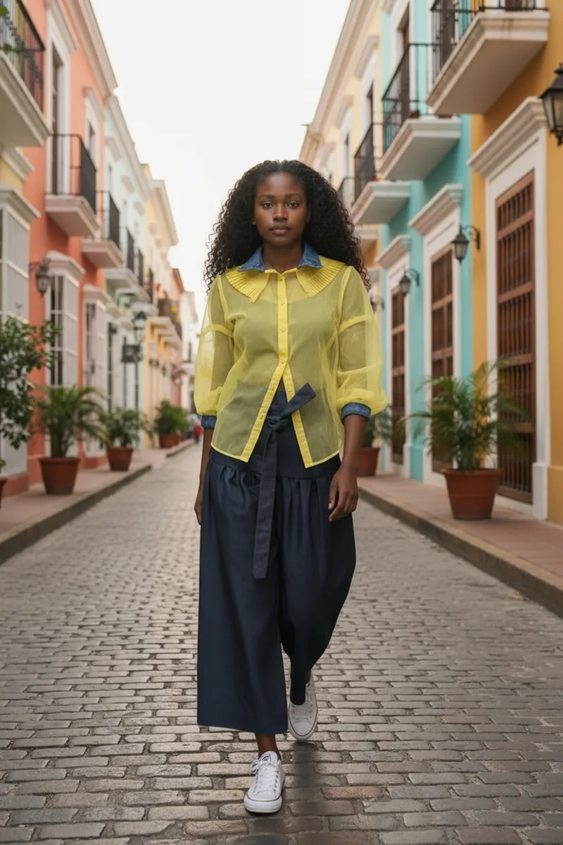 Denim Study No. 19, a one-of-one piece from the Denim collection, photographed on the model.