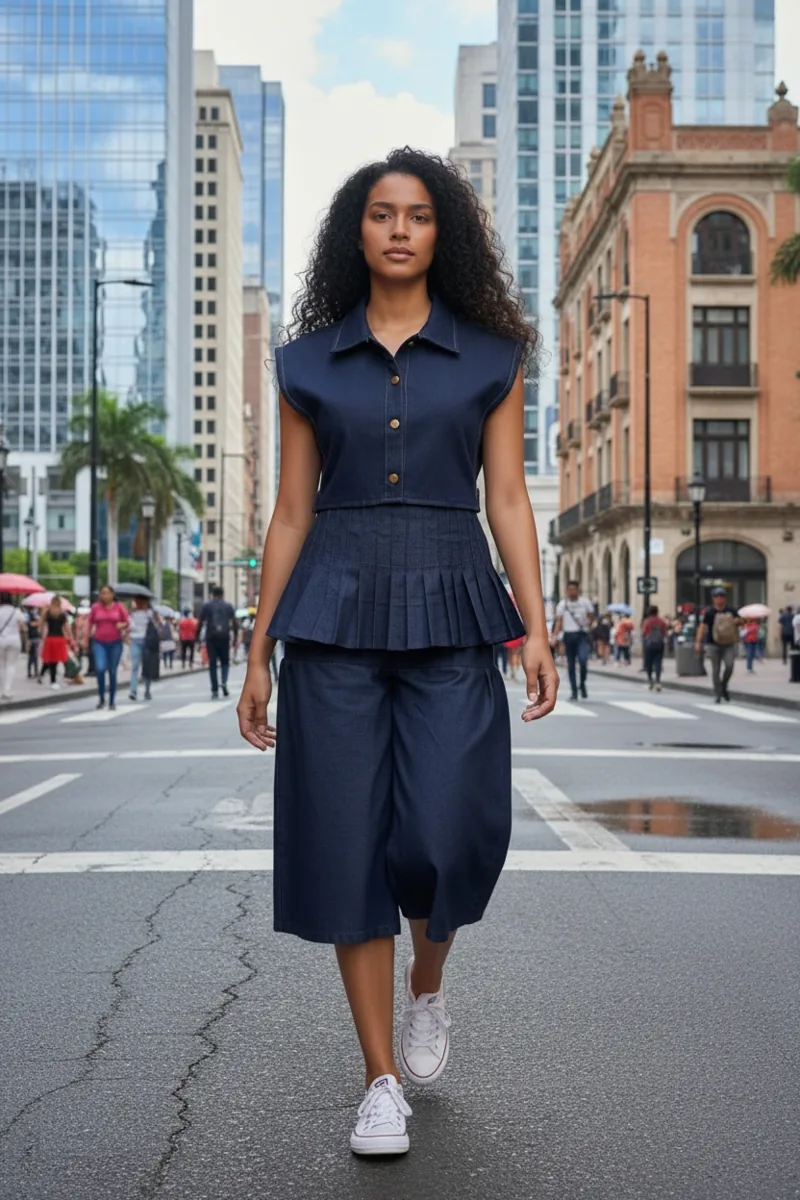 Denim Study No. 20, a one-of-one piece from the Denim collection, photographed on the model.