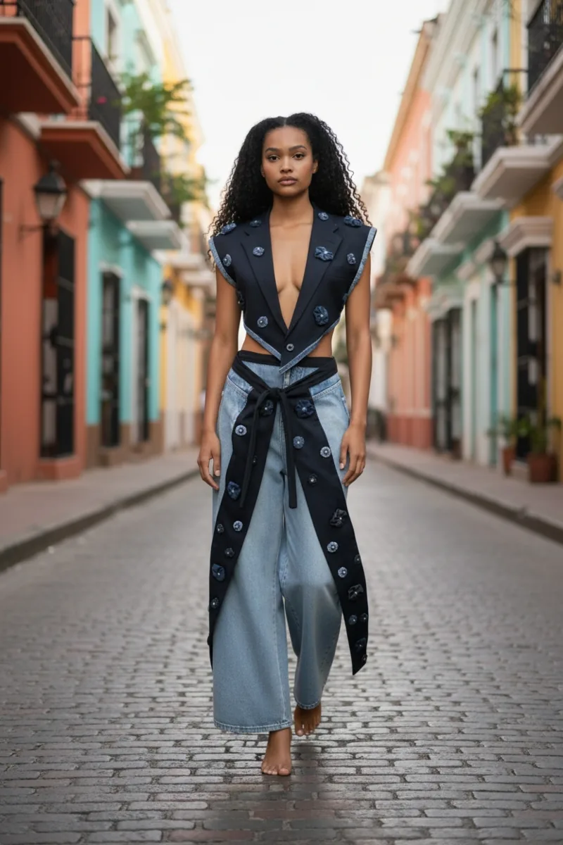 Denim Study No. 21, a one-of-one piece from the Denim collection, photographed on the model.
