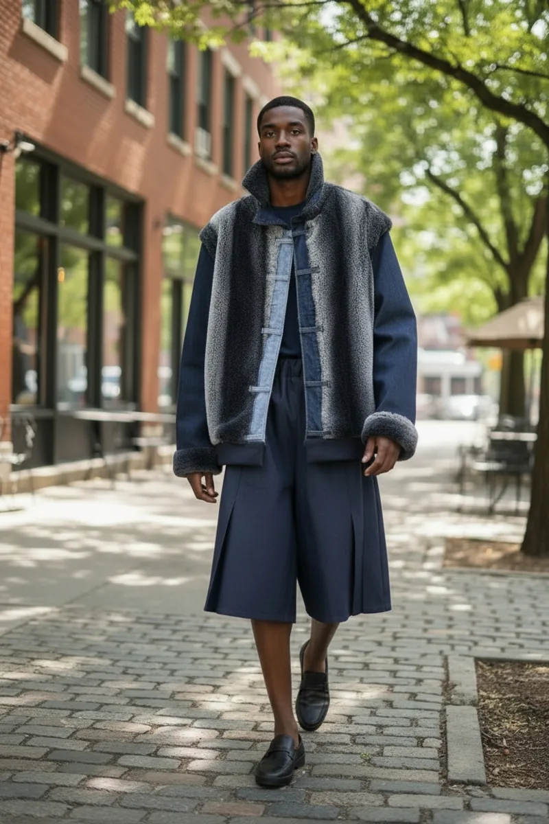 Denim Study No. 22, a one-of-one piece from the Denim collection, photographed on the model.