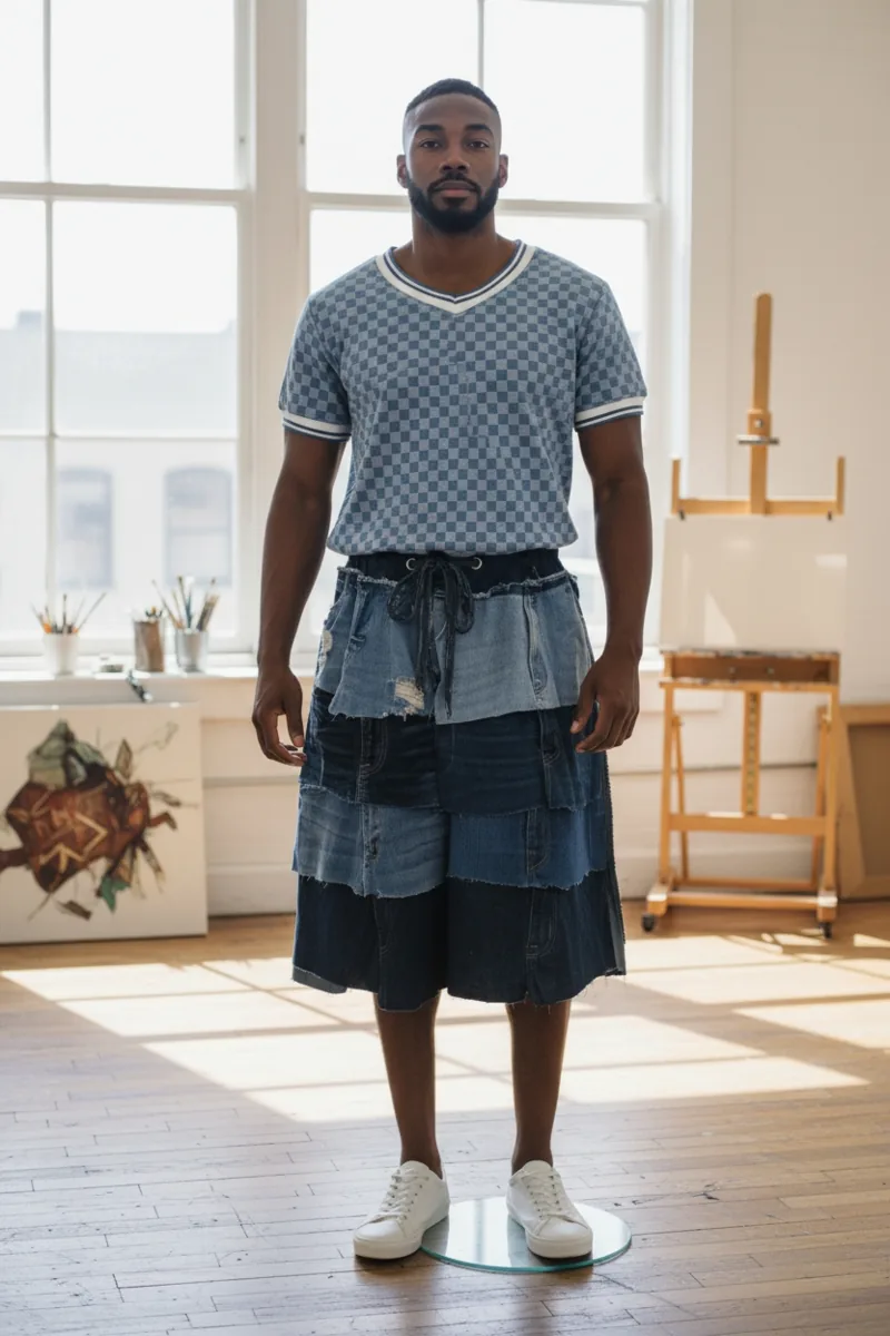 Denim Study No. 23, a one-of-one piece from the Denim collection, photographed on the model.